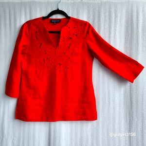 EUC RED LINEN EMBROIDERED V NECK BLOUSE BY JONES NEW YORK SIGNATURE - SIZE SP